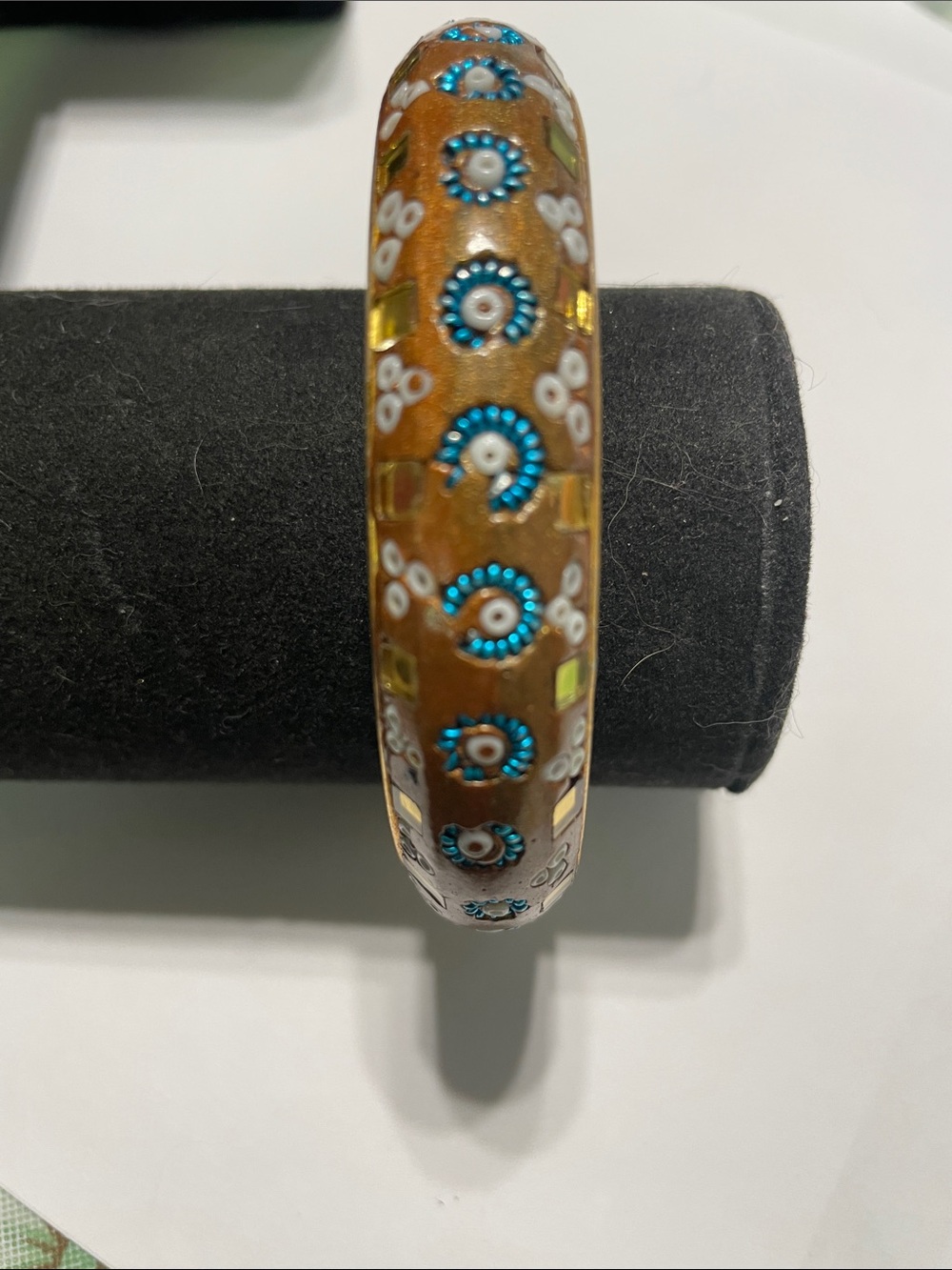 Brown Cloisonné Bangle with Turquoise and White Floral Accents.  9/6/6